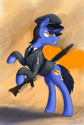 Size: 1446x2153 | Tagged: safe, artist:soursweet cheese, derpibooru import, oc, oc only, oc:沙漠一德, pony, unicorn, clothes, gun, machine gun, mg 42, military pony, military uniform, sand, solo, uniform, weapon