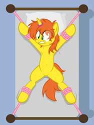Size: 4371x5805 | Tagged: safe, artist:equestria secret guard, derpibooru import, oc, oc only, oc:hazy moon, pony, unicorn, armpits, bdsm, bed, belly button, bondage, eyebrows, featureless crotch, female, frown, helpless, horn, horn ring, jewelry, lying down, magic suppression, on back, on bed, ring, rope, rope bondage, scared, sexy, solo, spread eagle, teeth, tied to bed, tied up, unicorn oc