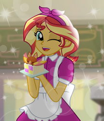 Size: 4944x5760 | Tagged: safe, artist:cryptid-creations, artist:emeraldblast63, derpibooru import, sunset shimmer, human, equestria girls, g4, apron, battenberg cake, cake, clothes, food, headband, looking at you, one eye closed, open clothes, open shirt, shirt, waitress, wink, winking at you