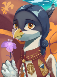 Size: 2340x3150 | Tagged: safe, artist:fly over, derpibooru import, oc, oc:geneviève volière, griffon, equestria at war mod, bust, female, flag, flower, griffon oc, looking away, portrait, solo