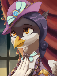 Size: 2340x3150 | Tagged: safe, artist:fly over, derpibooru import, oc, oc:geneviève volière, griffon, equestria at war mod, bust, clothes, dress, female, gloves, griffon oc, hat, looking up, night, portrait, ribbon, window