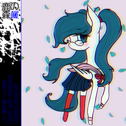 Size: 1500x1500 | Tagged: dead source, safe, artist:lovelydreams14, derpibooru import, oc, oc only, oc:xavi, pegasus, pony, abstract background, album cover, blushing, chromatic aberration, clothes, glasses, leaves, looking at you, pigtails, raised hoof, raised leg, sailor uniform, solo, stockings, thigh highs, twintails, uniform