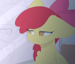 Size: 3700x3200 | Tagged: safe, artist:eventseem, derpibooru import, apple bloom, earth pony, pony, g4, ears, female, floppy ears, mare, rain, sad, solo, window