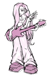 Size: 643x994 | Tagged: safe, artist:fluttershyes, derpibooru import, fluttershy, human, g4, electric guitar, guitar, hair over one eye, humanized, musical instrument, simple background, solo, white background, winged humanization, wings