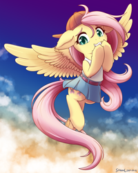 Size: 1600x2000 | Tagged: safe, artist:symbianl, derpibooru import, fluttershy, pegasus, pony, g4, 90s grunge fluttershy, backwards ballcap, baseball cap, cap, clothes, colored eyebrows, cute, ears, eyebrows, female, floppy ears, flying, hat, looking at you, mare, shyabetes, skirt, sky, solo, spread wings, wings