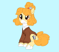 Size: 975x871 | Tagged: safe, artist:fluttershyes, derpibooru import, earth pony, pony, animal crossing, blue background, isabelle, ponified, simple background, solo, species swap