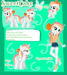 Size: 750x840 | Tagged: safe, artist:blazypazy, derpibooru import, oc, oc only, oc:sweetcake, alicorn, equestria girls, alicorn oc, bow, coat markings, female, filly, foal, hair bow, horn, reference sheet, solo, wet, wet mane, wings