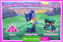 Size: 1958x1302 | Tagged: safe, derpibooru import, princess luna, alicorn, pony, advertisement, bag, bush, clothes, english, female, folded wings, gameloft, gem, horn, lilypad, mare, mobile game, my little pony: magic princess, numbers, official, ponytail, sale, shirt, solo, text, tree, wings