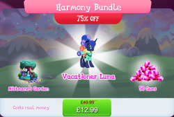 Size: 1268x858 | Tagged: safe, derpibooru import, princess luna, alicorn, pony, bag, bundle, bush, clothes, english, female, folded wings, gameloft, gem, horn, lilypad, mare, mobile game, my little pony: magic princess, numbers, official, ponytail, sale, shirt, solo, text, tree, wings