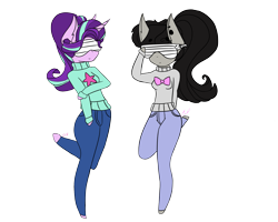 Size: 2067x1654 | Tagged: safe, artist:lovelydreams14, derpibooru import, octavia melody, starlight glimmer, anthro, earth pony, unguligrade anthro, unicorn, g4, clothes, commission, denim, duo, female, jeans, pants, shutter shades, simple background, smiling, standing, standing on one leg, sunglasses, sweater, transparent background