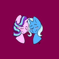 Size: 2160x2160 | Tagged: safe, artist:galaxysquid, derpibooru import, starlight glimmer, trixie, pony, unicorn, g4, blushing, bust, duo, eyes closed, female, horn, horns are touching, mare, portrait, purple background, simple background, smiling