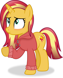 Size: 3165x3921 | Tagged: safe, artist:anime-equestria, derpibooru import, sunset shimmer, unicorn, alternate hairstyle, clothes, female, hoodie, horn, mare, simple background, smiling, solo, transparent background, vector