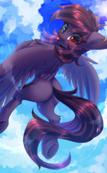 Size: 2000x3200 | Tagged: safe, artist:yuozka, derpibooru import, oc, oc only, oc:pestyskillengton, pegasus, pony, :p, butt, cute, female, flying, full body, happy, heterochromia, hooves, mare, pegasus oc, plot, sky, solo, tongue, tongue out, underhoof, wings