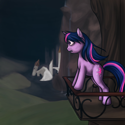 Size: 1024x1024 | Tagged: safe, artist:ksteinhoff, derpibooru import, twilight sparkle, unicorn twilight, pony, unicorn, bad end, bags under eyes, balcony, canterlot castle, female, leaning, mare, open mouth, ruins, sad, solo