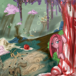 Size: 1024x1024 | Tagged: safe, artist:hnkkorgris, derpibooru import, pinkie pie, earth pony, fox, pony, rabbit, bad end, black sclera, broccoli, candy, candy cane, carrot, chaos, cherry, chocolate, chocolate rain, discorded landscape, female, flying vegetables, food, frosting, girabbit, looking at you, mare, onion, pinkamena diane pie, rain, scenery, solo, stampede, tree, vegetables, volcano