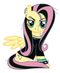 Size: 828x1009 | Tagged: safe, derpibooru import, edit, editor:fluttershyes, fluttershy, pegasus, pony, bloodshot eyes, chains, clothes, dyed mane, dyed tail, ear piercing, emo, emoshy, eyebrow piercing, nose piercing, piercing, shirt, simple background, spiked wristband, spread wings, tail, transgender, transgender symbol, vector, vector edit, white background, wings, wristband
