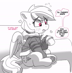 Size: 2653x2713 | Tagged: safe, artist:pabbley, derpibooru import, rainbow dash, pegasus, pony, blush lines, blushing, clothes, cute, dashabetes, dialogue, emanata, eye clipping through hair, eyebrows, eyebrows visible through hair, female, grayscale, hoodie, hoof heart, implied anon, mare, monochrome, partial color, plewds, simple background, sitting, sofa, solo, speech bubble, sweat, sweatdrops, underhoof, white background