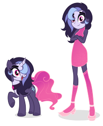Size: 3399x4172 | Tagged: safe, artist:arshe12, derpibooru import, oc, oc only, oc:glare cross, pony, unicorn, equestria girls, choker, clothes, coat markings, commission, crossed arms, curved horn, dress, equestria girls-ified, female, high heels, horn, mare, multicolored hair, open mouth, raised hoof, raised leg, shoes, simple background, solo, stockings, thigh highs, transparent background, ych result