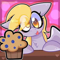 Size: 2000x2000 | Tagged: safe, artist:saveraedae, derpibooru import, derpy hooves, pegasus, pony, :p, abstract background, blushing, cute, derpabetes, eye clipping through hair, female, food, mare, muffin, solo, table, tongue, tongue out