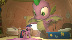 Size: 1920x1080 | Tagged: safe, artist:jeroen01, derpibooru import, spike, twilight sparkle, twilight sparkle (alicorn), alicorn, dragon, pony, 3d, bed, ears, floppy ears, golden oaks library, macro, macro/micro, winged spike, wings