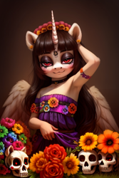 Size: 512x768 | Tagged: safe, ai content, derpibooru import, machine learning generated, oc, oc only, oc:spring beauty, alicorn, anthro, alicorn oc, anthro oc, clothes, dia de los muertos, dress, female, filly, flower, foal, lidded eyes, looking at you, makeup, prompter:miniferu, skull, solo