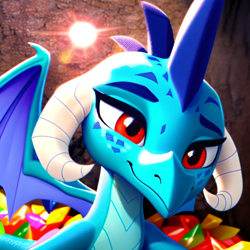 Size: 3072x3072 | Tagged: safe, ai content, derpibooru import, generator:purplesmart.ai, generator:stable diffusion, machine learning generated, princess ember, dragon, g4, cave, cute, diamond, dragoness, emberbetes, female, gem, prompter:rupert, smiling