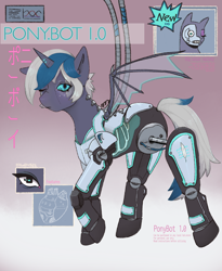 Size: 2342x2860 | Tagged: safe, artist:magpiegoblin, derpibooru import, oc, oc only, oc:elizabat stormfeather, alicorn, bat pony, bat pony alicorn, pony, robot, robot pony, advertisement, alicorn oc, bat pony oc, bat wings, commission, eyes closed, female, gradient background, gritted teeth, heart, horn, japanese, mare, one eye closed, raised hoof, raised leg, ribcage, solo, teeth, wings, wink, wires, ych result