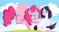 Size: 828x455 | Tagged: safe, artist:xackadzu, derpibooru import, pinkie pie, oc, alicorn, unicorn, alicornified, female, horn, pinkiecorn, race swap, wings, xk-class end-of-the-world scenario