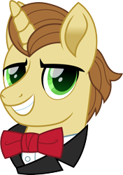 Size: 1129x1600 | Tagged: safe, artist:cloudy glow, derpibooru import, donut joe, unicorn, mmmystery on the friendship express, bowtie, bust, clothes, con mane, green eyes, james bond, male, secret agent, simple background, smiling, solo, transparent background, vest