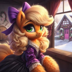 Size: 1024x1024 | Tagged: safe, ai content, machine learning generated, applejack, earth pony, pony, alternate hairstyle, applejack also dresses in style, bing, bow, clothed ponies, clothes, female, fluffy, freckles, hair bow, looking at you, mare, missing accessory, ponyville, skirt, smiling, smiling at you, snow, solo, window