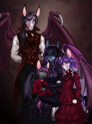 Size: 2550x3423 | Tagged: safe, artist:askbubblelee, oc, oc only, oc:constantine morningstar, oc:indigo rose, oc:lilac morningstar, oc:orpheus, anthro, bat pony, unguligrade anthro, anthro oc, ascot, bat pony oc, clothes, colt, digital art, dress, family photo, female, filly, foal, male, mare, sitting, slit eyes, stallion, suit, tailcoat, veil