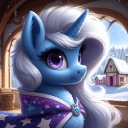 Size: 1024x1024 | Tagged: safe, ai content, machine learning generated, trixie, pony, unicorn, bing, bust, cloak, ear fluff, ears, female, fluffy, hatless, jewelry, mare, neck fluff, ponyville, portrait, snow, solo, window