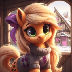 Size: 1024x1024 | Tagged: safe, ai content, machine learning generated, applejack, earth pony, pony, alternate cutie mark, alternate hairstyle, bing, bow, clothes, female, fluffy, hair bow, hatless, mare, missing accessory, ponyville, smiling, snow, solo, sweater