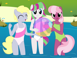 Size: 3839x2910 | Tagged: safe, artist:deserter, artist:tolpain, blossomforth, cheerilee, derpy hooves, anthro, beach, beach ball, clothes, looking at you, muffin, one-piece swimsuit, smiling, swimsuit, younger