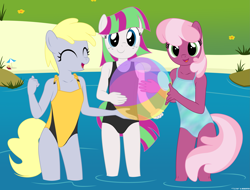 Size: 3839x2910 | Tagged: safe, artist:deserter, artist:tolpain, blossomforth, cheerilee, derpy hooves, anthro, beach, beach ball, clothes, looking at you, muffin, one-piece swimsuit, smiling, swimsuit, younger