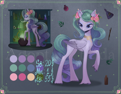 Size: 4534x3500 | Tagged: safe, artist:fridagloria, derpibooru import, oc, oc only, pegasus, pony, adoptable, cauldron, color palette, female, flower, flower in hair, high res, jewelry, lidded eyes, long legs, mare, necklace, raised hoof, raised leg, solo, unshorn fetlocks