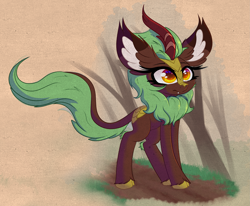 Size: 3365x2774 | Tagged: safe, artist:windykirin, derpibooru import, cinder glow, summer flare, kirin, big ears, cloven hooves, ears, female, grass, horn, long eyelashes, solo, tree, walking