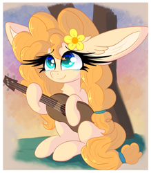 Size: 2832x3230 | Tagged: safe, artist:windykirin, derpibooru import, pear butter, earth pony, pony, big ears, ears, female, guitar, high res, long ears, long eyelashes, mare, musical instrument, sitting, solo, tree