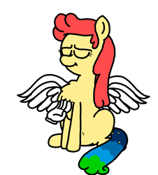 Size: 3023x3351 | Tagged: safe, artist:professorventurer, derpibooru import, oc, oc:power star, pegasus, belly button, chest fluff, disembodied hand, eyes closed, female, hand, mare, rule 85, scratching, sitting, smiling, spread wings, super mario 64, wings