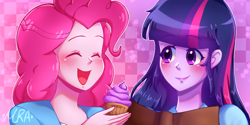 Size: 2560x1280 | Tagged: safe, artist:mra-13, derpibooru import, pinkie pie, twilight sparkle, human, equestria girls, book, checkered background, cupcake, eyes closed, female, food, open mouth, smiling