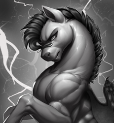 Size: 625x676 | Tagged: safe, ai content, artist:ondrea, derpibooru import, machine learning assisted, oc, oc only, oc:thunder run, bat pony, pegasus, pony, angry, bat wings, black and white, bust, fangs, grayscale, lightning, male, mohawk, monochrome, muscles, pegasus oc, portrait, prompter:ondrea, rearing, render, scar, scowl, slit eyes, solo, solo focus, spread wings, stallion, stallion oc, wings