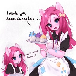 Size: 1079x1073 | Tagged: safe, artist:ivyuun, derpibooru import, pinkie pie, anthro, earth pony, fanfic:cupcakes, :d, bow, clothes, confused, cuffs (clothes), cupcake, cutie mark on clothes, duo, female, food, hair bow, implied cupcakes, implied rainbow dash, maid, offscreen character, open mouth, open smile, pinkamena diane pie, pinkie maid, smiling
