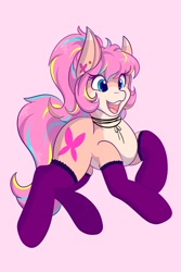 Size: 1366x2048 | Tagged: safe, artist:mscolorsplash, derpibooru import, oc, oc only, earth pony, pony, clothes, female, mare, open mouth, open smile, pale belly, pink background, simple background, smiling, solo, stockings, thigh highs