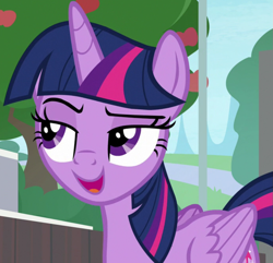 Size: 1037x1000 | Tagged: safe, derpibooru import, screencap, twilight sparkle, twilight sparkle (alicorn), alicorn, pony, 2 4 6 greaaat, g4, season 9, spoiler:s09, apple, apple tree, cropped, eyebrows, female, food, lidded eyes, mare, open mouth, raised eyebrow, smug, smuglight sparkle, tree, twibitch sparkle