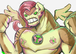 Size: 1169x827 | Tagged: safe, derpibooru import, fluttershy, alien, pegasus, ben 10, humungousaur, muscles, muscleshy, solo, species swap