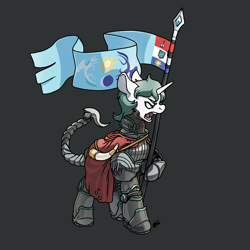 Size: 3000x3000 | Tagged: safe, artist:hotkoin, derpibooru import, oc, oc only, oc:aquaria lance, pony, unicorn, armor, banner, cape, clothes, equestrian flag, flag, gray background, horn, power armor, simple background, solo, yelling