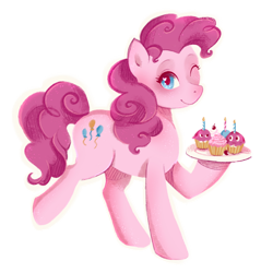 Size: 1024x1024 | Tagged: safe, artist:yuntaoxd, derpibooru import, pinkie pie, earth pony, pony, cupcake, food, looking at you, one eye closed, simple background, solo, transparent background, wink
