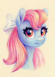 Size: 854x1200 | Tagged: safe, artist:maytee, derpibooru import, wind whistler, pegasus, pony, g1, g4, bow, bust, colored pencil drawing, commission, female, g1 to g4, generation leap, hair bow, looking at you, mare, portrait, solo, toned paper, traditional art