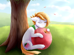 Size: 2300x1700 | Tagged: safe, artist:moewwur, artist:rin-mandarin, derpibooru import, oc, oc only, oc:steffany, pony, blue background, food, ginger eyes, ginger hair, light skin, nature background, orange eyes, peach, pegasus wings, pony town, red hair, simple background, sky, tendrils, tree, wings