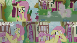 Size: 2000x1123 | Tagged: safe, derpibooru import, edit, edited screencap, editor:quoterific, screencap, angel bunny, fluttershy, she talks to angel, bag, bottle, ponyville, saddle bag